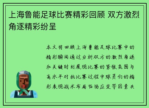 上海鲁能足球比赛精彩回顾 双方激烈角逐精彩纷呈