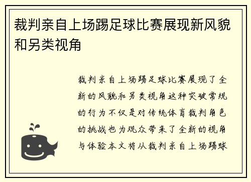 裁判亲自上场踢足球比赛展现新风貌和另类视角