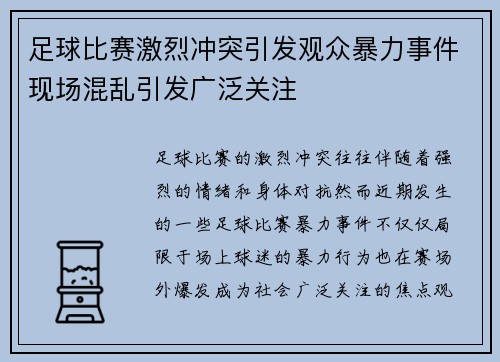 足球比赛激烈冲突引发观众暴力事件现场混乱引发广泛关注