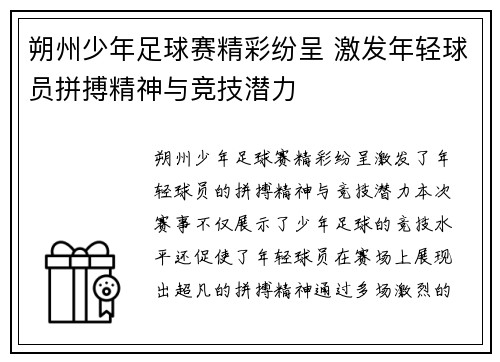 朔州少年足球赛精彩纷呈 激发年轻球员拼搏精神与竞技潜力