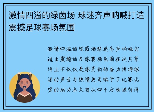 激情四溢的绿茵场 球迷齐声呐喊打造震撼足球赛场氛围