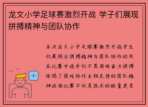 龙文小学足球赛激烈开战 学子们展现拼搏精神与团队协作