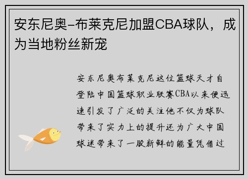 安东尼奥-布莱克尼加盟CBA球队，成为当地粉丝新宠