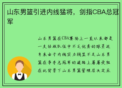山东男篮引进内线猛将，剑指CBA总冠军