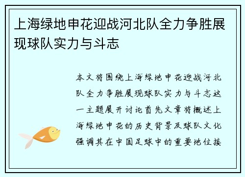 上海绿地申花迎战河北队全力争胜展现球队实力与斗志