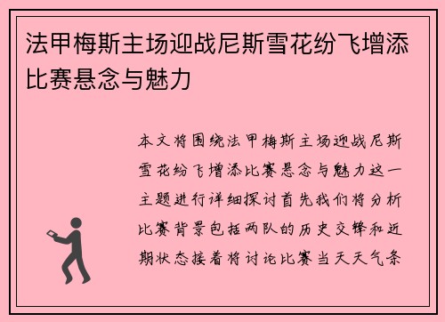 法甲梅斯主场迎战尼斯雪花纷飞增添比赛悬念与魅力