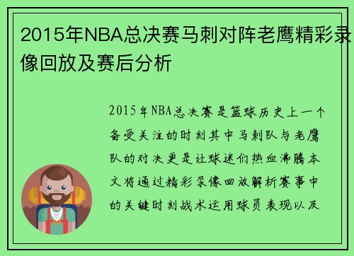 2015年NBA总决赛马刺对阵老鹰精彩录像回放及赛后分析