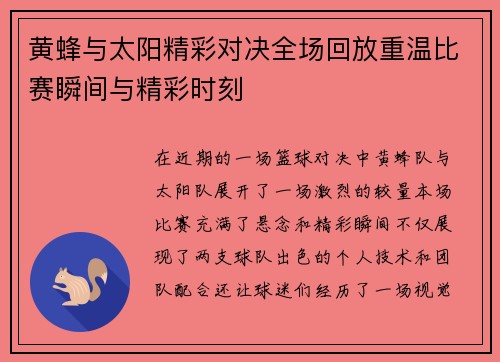 黄蜂与太阳精彩对决全场回放重温比赛瞬间与精彩时刻