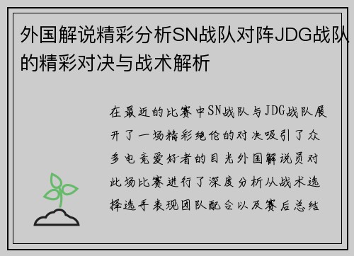 外国解说精彩分析SN战队对阵JDG战队的精彩对决与战术解析