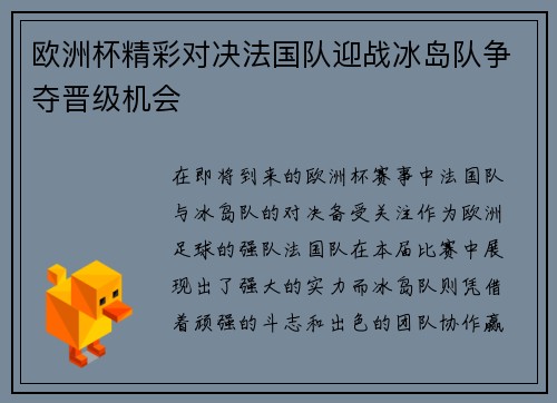欧洲杯精彩对决法国队迎战冰岛队争夺晋级机会