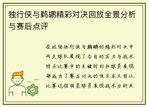 独行侠与鹈鹕精彩对决回放全景分析与赛后点评