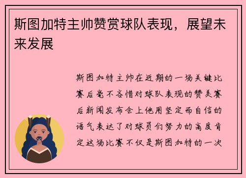 斯图加特主帅赞赏球队表现，展望未来发展